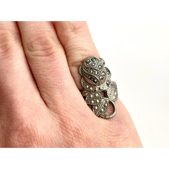 Rosebud Art Deco Clark & Coombs Marcasite Straight Shank Vintage Ring - sz 6 - Picture 9 of 10